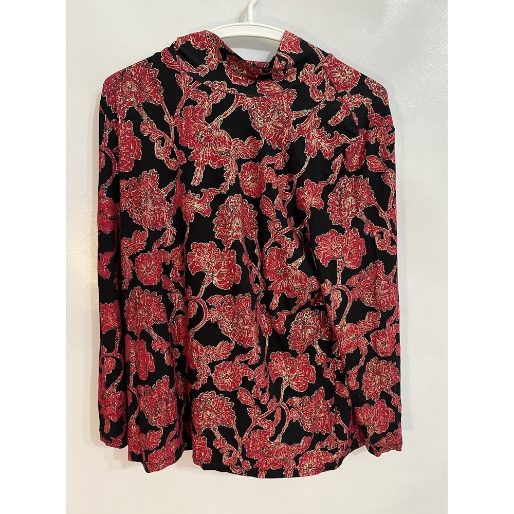 Chico's Women's Large Red Black Floral Glitter Mock Neck Top Christmas NWT